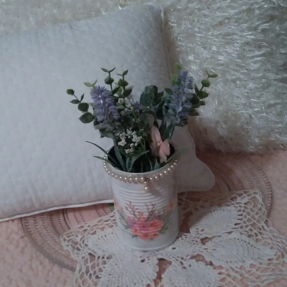 Unique Romantic Shabby Chic Tin Can Vase with Frosted Greenery & Faux Pearls